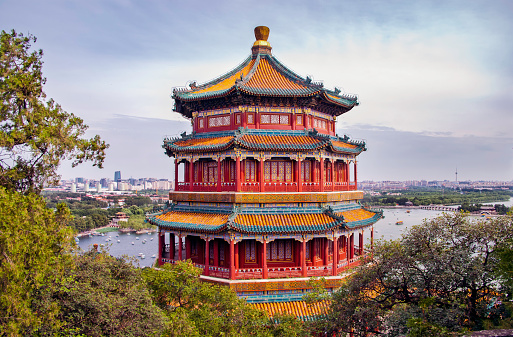 Tower of Buddhist Incense in the Summer Palace with Beijing in the background.